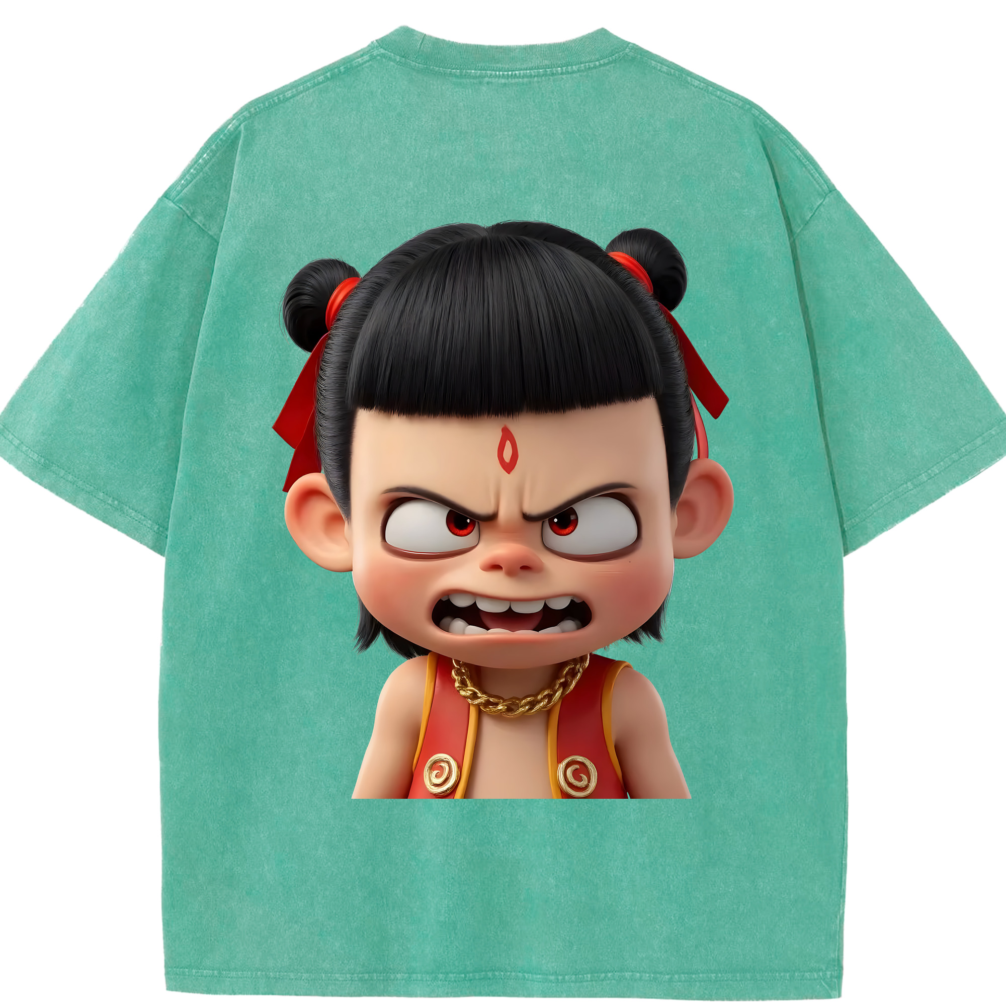 （画像用） Ne Zha 2 ナタ 魔童の大暴れ 綿100% ヴィンテージ風 半袖Tシャツ（背面プリント）